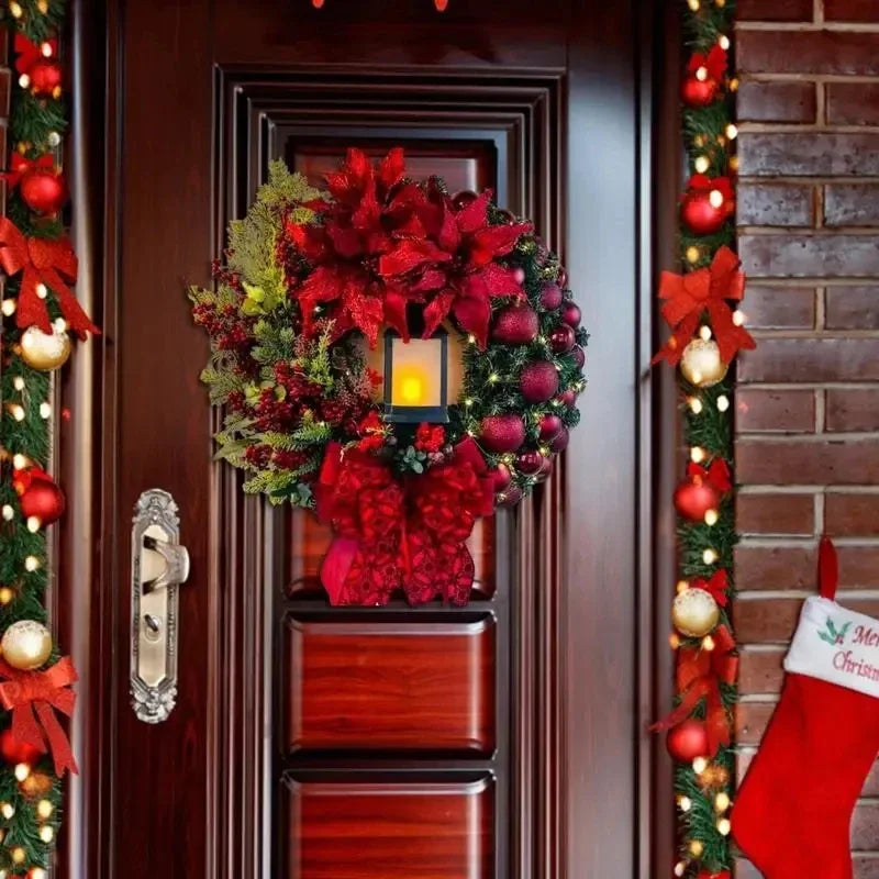 Red Flower Christmas Wreath With Lamp