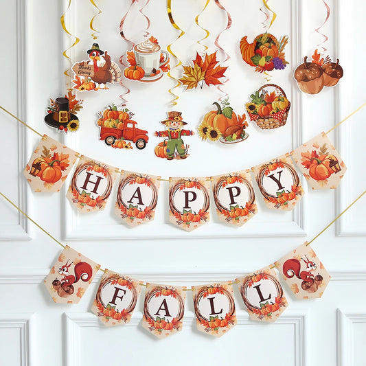 Hello Autumn Thanksgiving Banner & Pumpkin Honeycomb Decoration Set