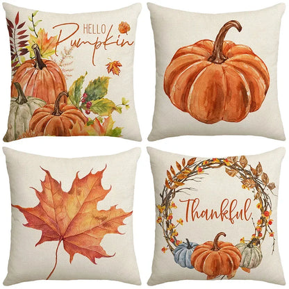 Autumn Pumpkin & Maple Leaves Wreath Pillow Cover