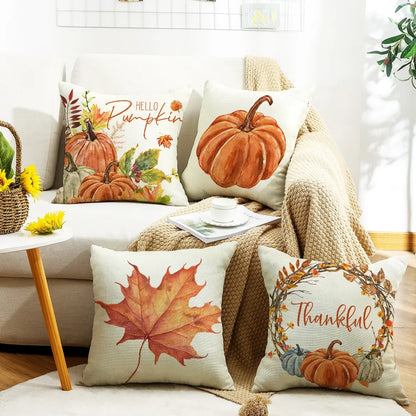 Autumn Pumpkin & Maple Leaves Wreath Pillow Cover