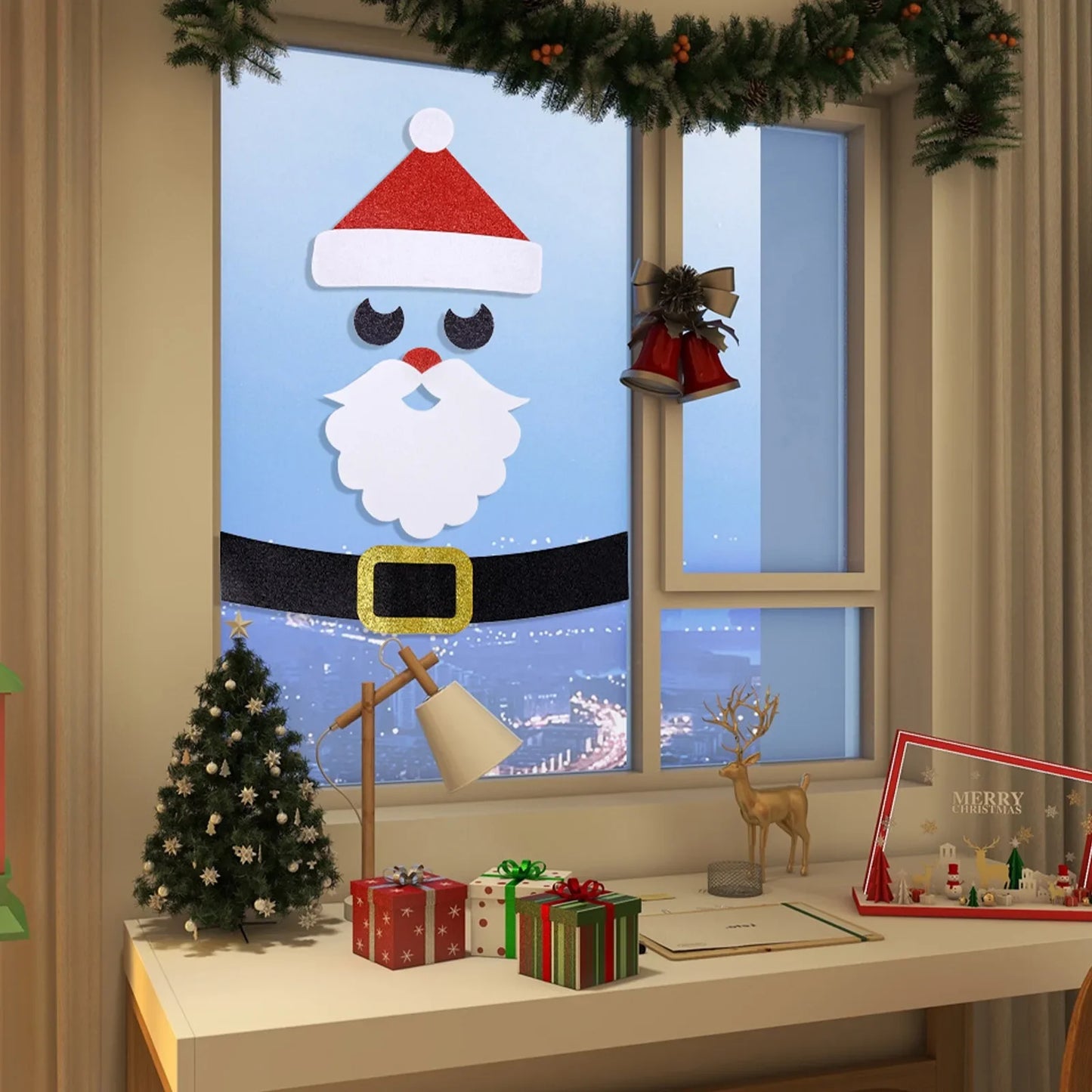 Christmas Door Window Stickers Felt Cloth Snowman Santa Claus Elk Wall Sticker Christmas Home Decoration Happy New Year 2024